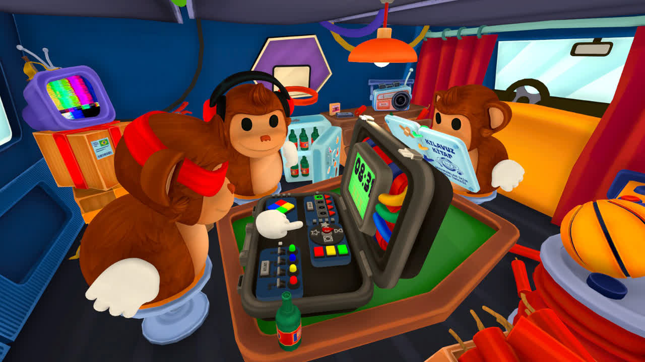 Three monkey players working together around the BOMBANANA bomb